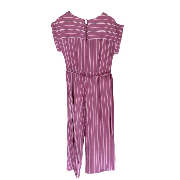 Monteau Women’s Pink White Striped Wide Leg Slit Jumpsuit Size L Short Sleeve - Picture 8 of 13